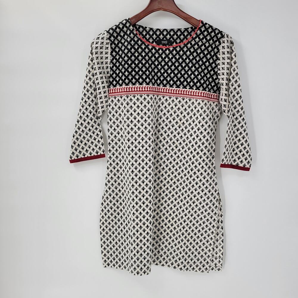 Soch Womens Dress M Black White Allover Print‎ Round Neck 3/4 Sleeve Shift Tunic